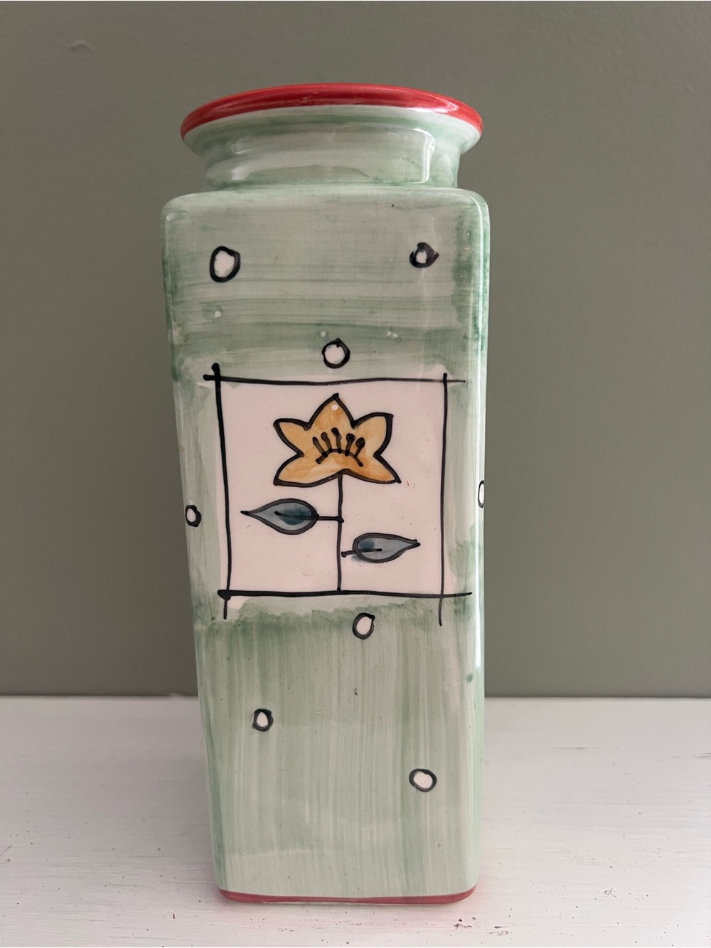 Hand Painted Art Pottery Vase Tall Square Whimsical Floral Green Red Rim Ceramic
